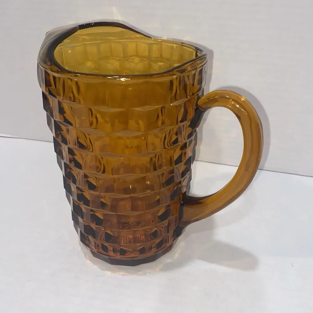 Indiana Glass Whitehall Amber Pitcher Cubist Pattern 8